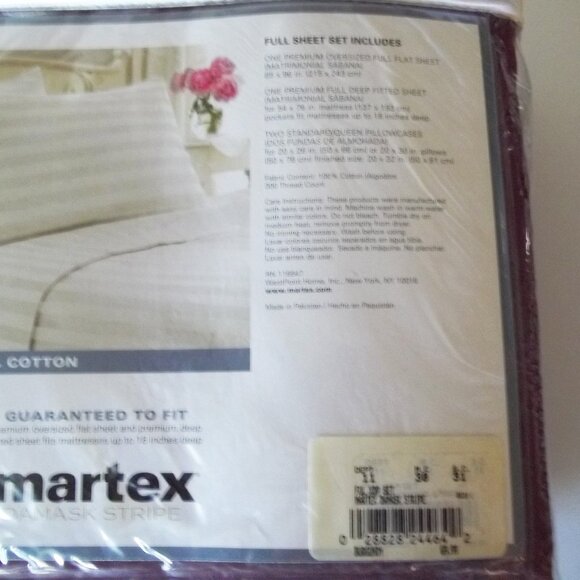 Martex Damask Stripe Full Sheet Set, Burgundy, Cotton Deep Pocket, 300 Thread Ct - Picture 6 of 6